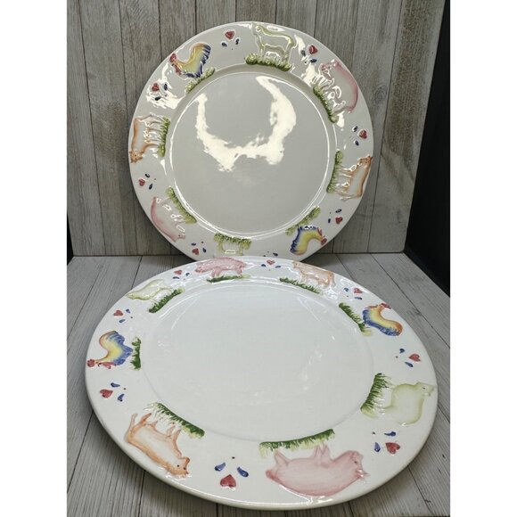 Stefani Other - Vtg Stefani Farmhouse Animals Pig Rooster Cow 12.5" Dinner Plate Charger Set 2